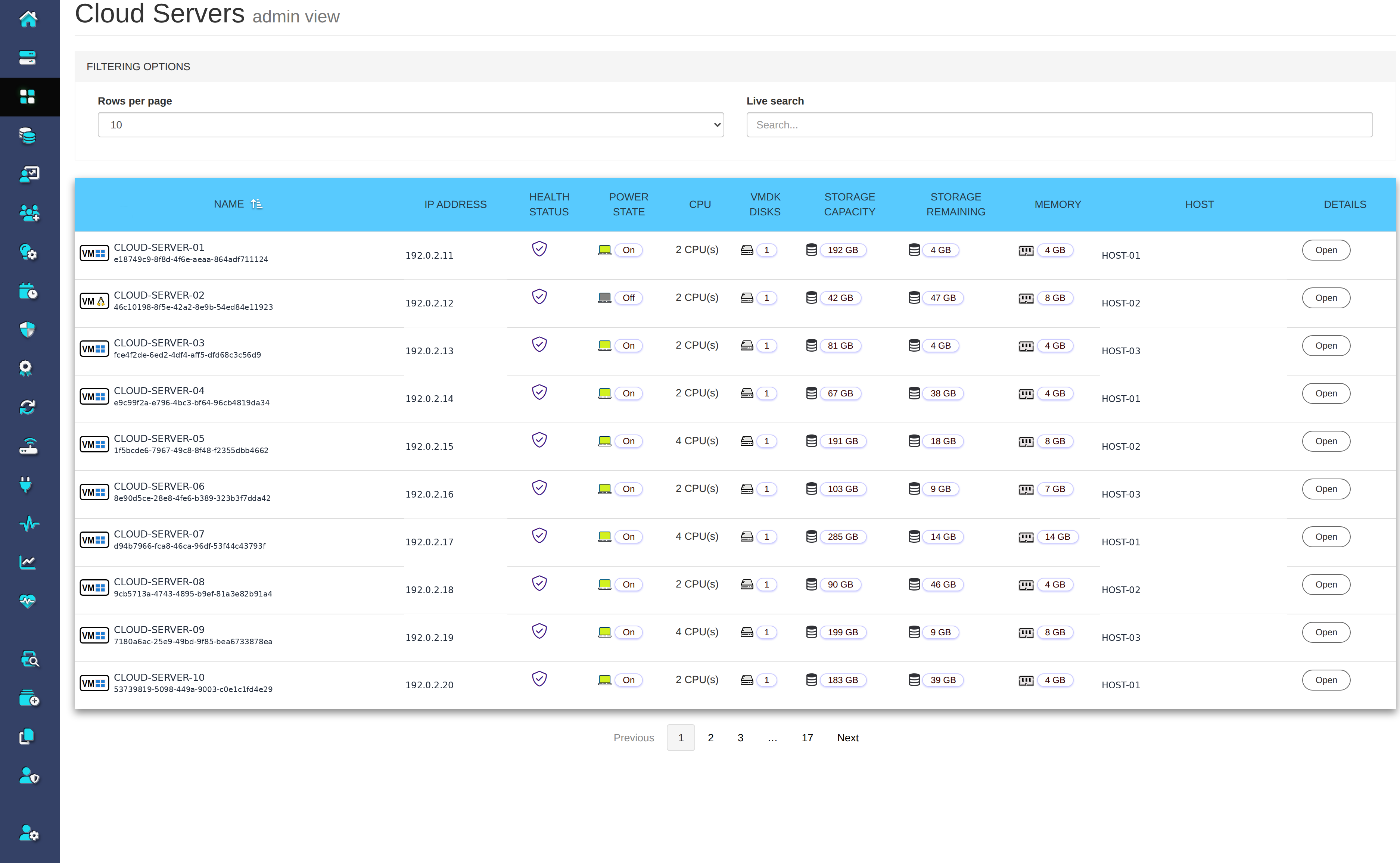 Cloud Servers example with the complete navigation menu and server list, composed from existing dashboard captures