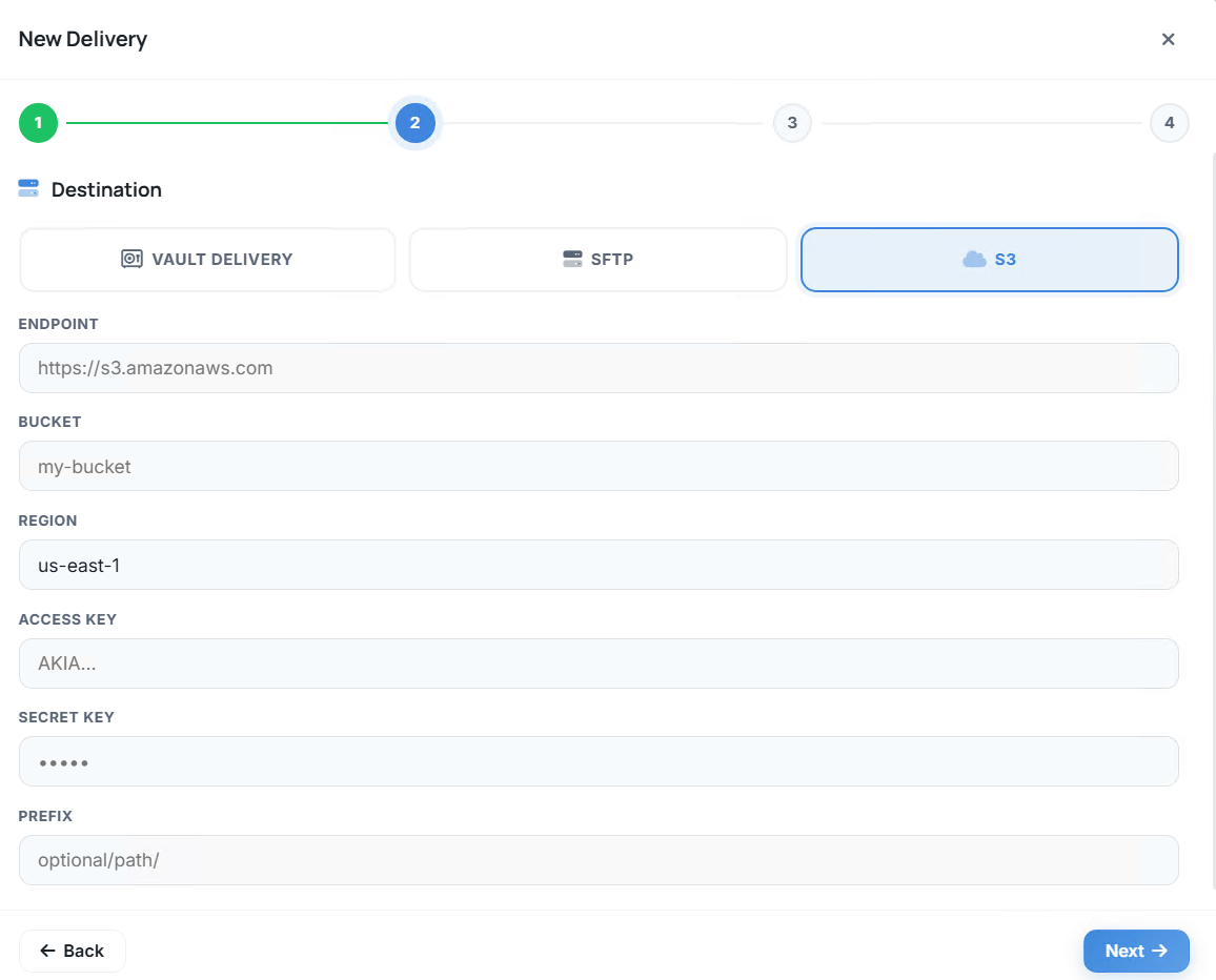 Delivery Client: S3 delivery destination settings with example values