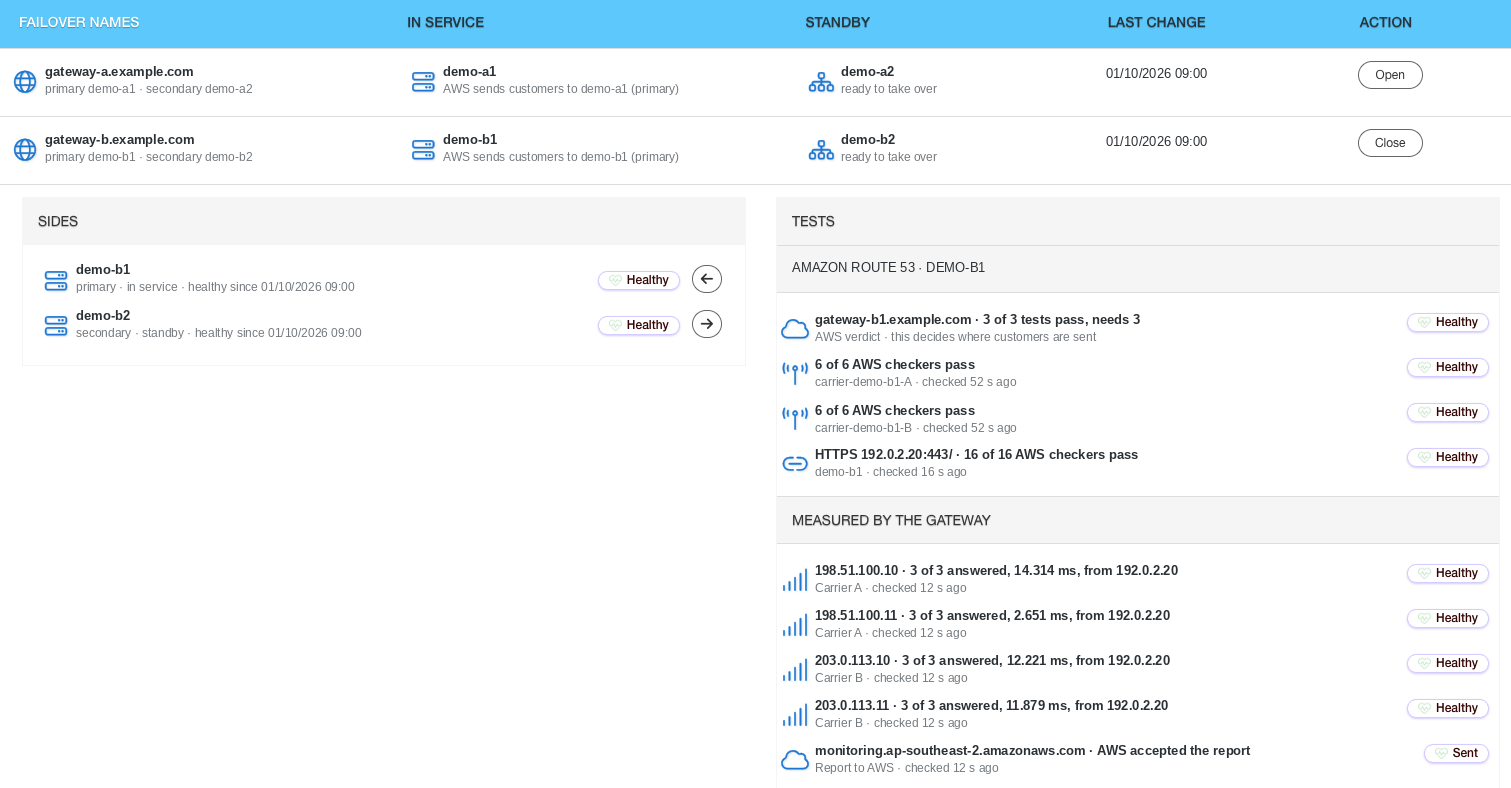Gateway Health example showing active and standby gateways and connectivity tests